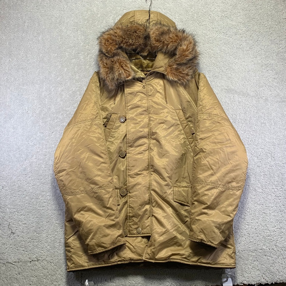 Mossimo Jacket‎ Mens M Tan Brown Military Style Hooded Parka Faux Fur Hood Nylon